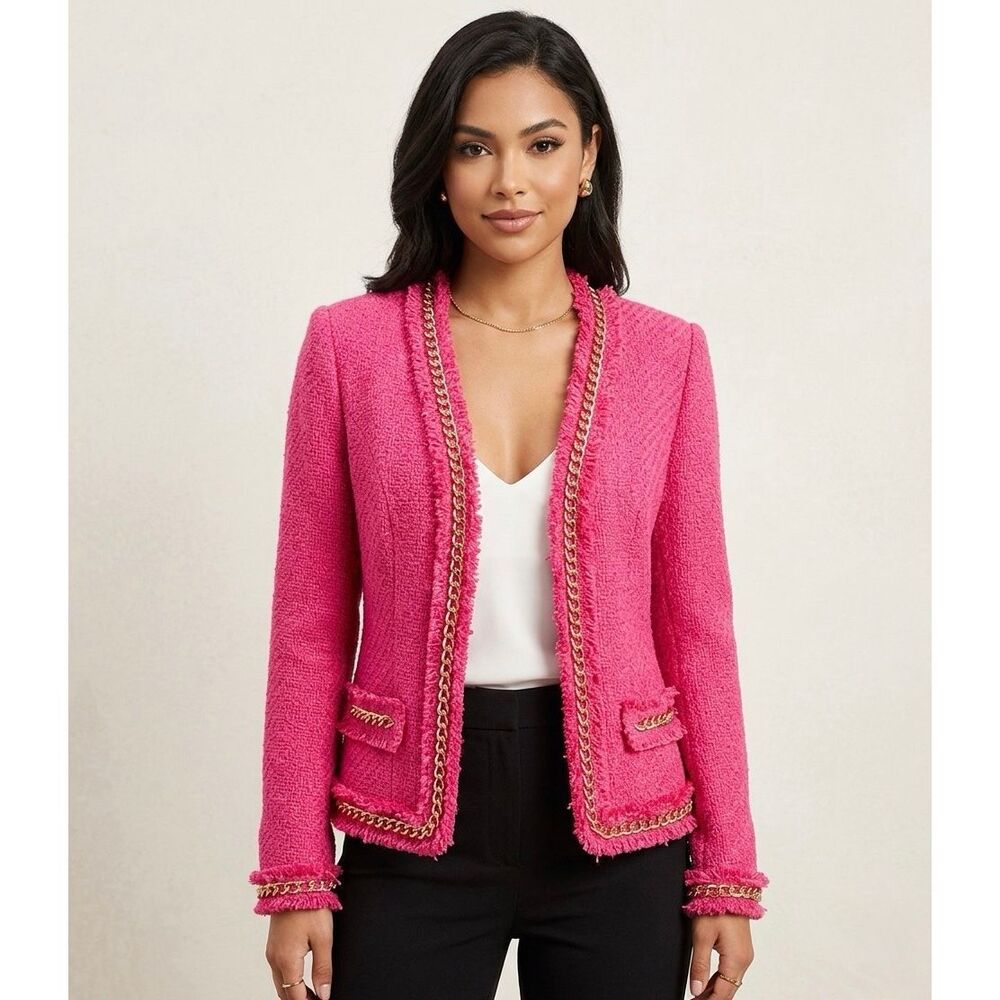 WD-NY Blazer Tweed Fringe Gold Chain Open Front Hot Pink Medium - Picture 1 of 11